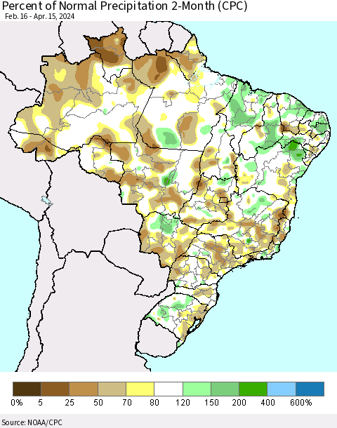 Brazil Percent of Normal Precipitation 2-Month (CPC) Thematic Map For 2/16/2024 - 4/15/2024
