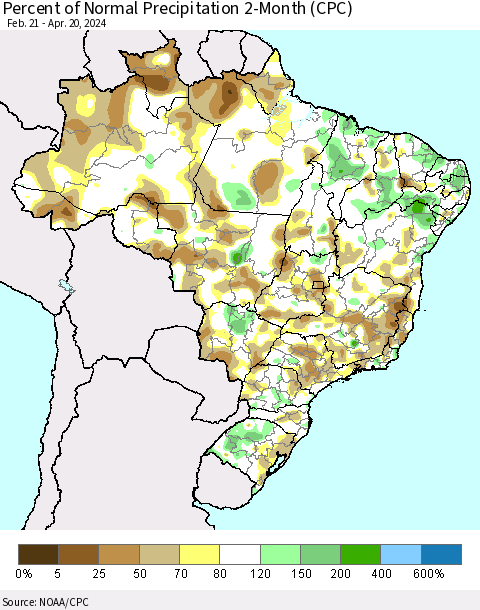 Brazil Percent of Normal Precipitation 2-Month (CPC) Thematic Map For 2/21/2024 - 4/20/2024