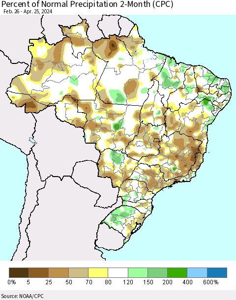 Brazil Percent of Normal Precipitation 2-Month (CPC) Thematic Map For 2/26/2024 - 4/25/2024
