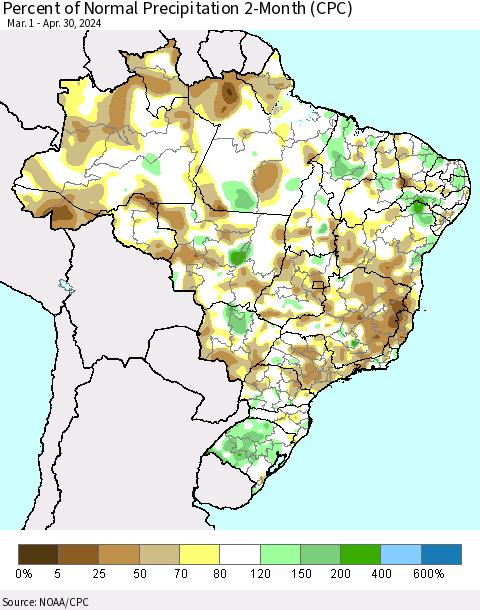 Brazil Percent of Normal Precipitation 2-Month (CPC) Thematic Map For 3/1/2024 - 4/30/2024