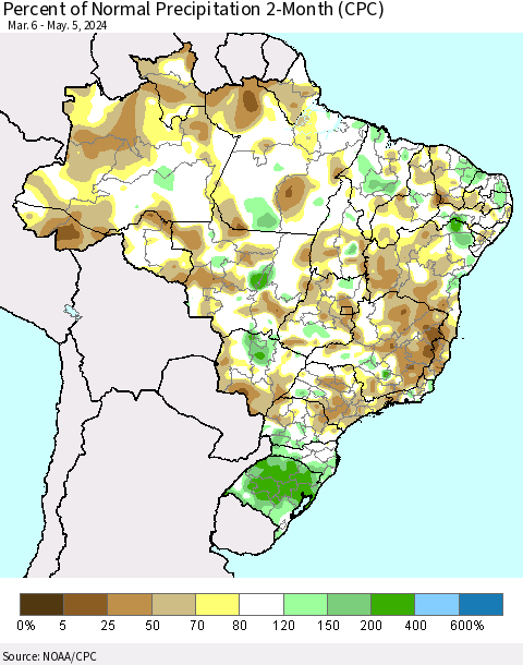 Brazil Percent of Normal Precipitation 2-Month (CPC) Thematic Map For 3/6/2024 - 5/5/2024
