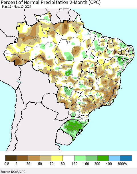 Brazil Percent of Normal Precipitation 2-Month (CPC) Thematic Map For 3/11/2024 - 5/10/2024