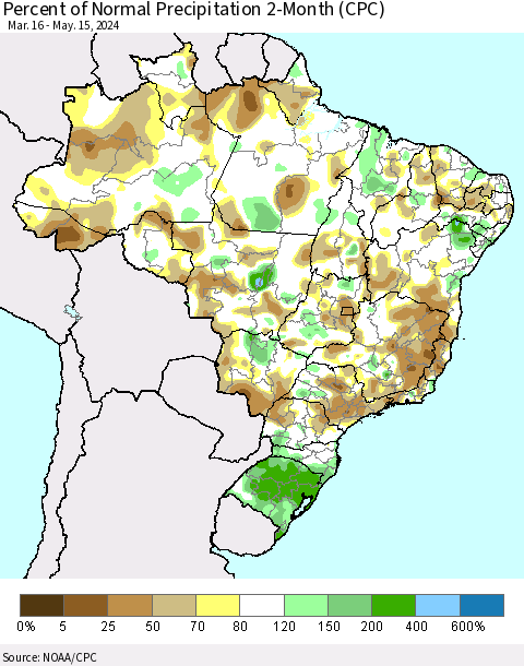Brazil Percent of Normal Precipitation 2-Month (CPC) Thematic Map For 3/16/2024 - 5/15/2024