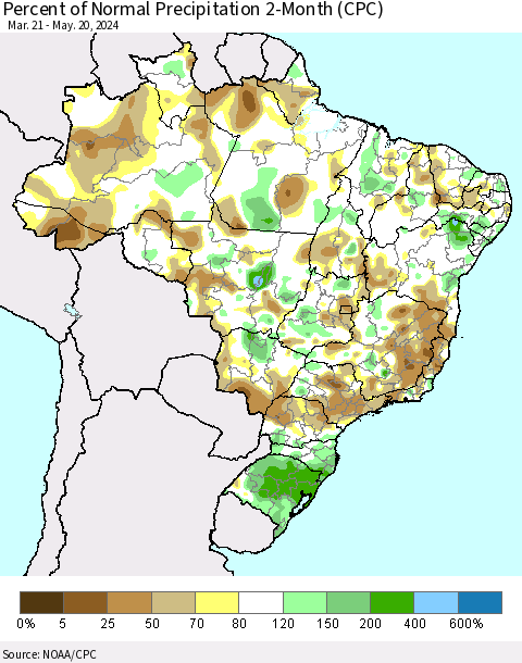 Brazil Percent of Normal Precipitation 2-Month (CPC) Thematic Map For 3/21/2024 - 5/20/2024