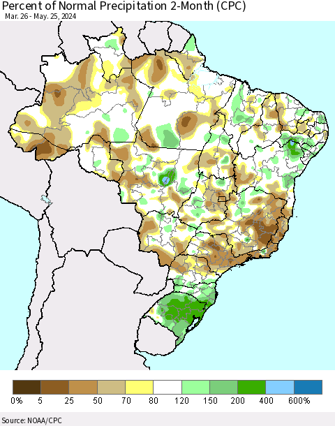 Brazil Percent of Normal Precipitation 2-Month (CPC) Thematic Map For 3/26/2024 - 5/25/2024