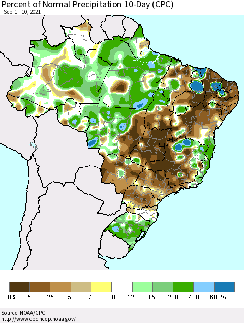 Brazil Percent of Normal Precipitation 10-Day (CPC) Thematic Map For 9/1/2021 - 9/10/2021