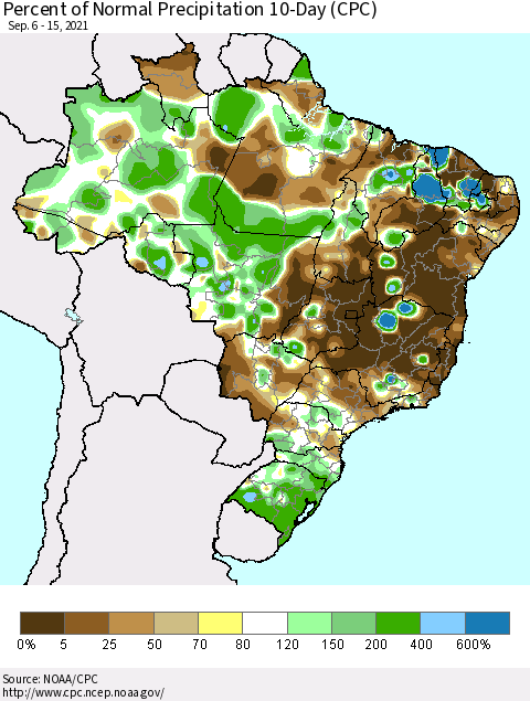 Brazil Percent of Normal Precipitation 10-Day (CPC) Thematic Map For 9/6/2021 - 9/15/2021