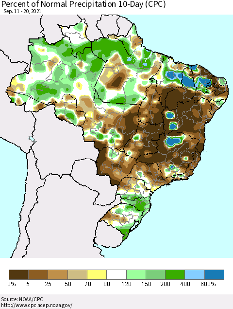 Brazil Percent of Normal Precipitation 10-Day (CPC) Thematic Map For 9/11/2021 - 9/20/2021