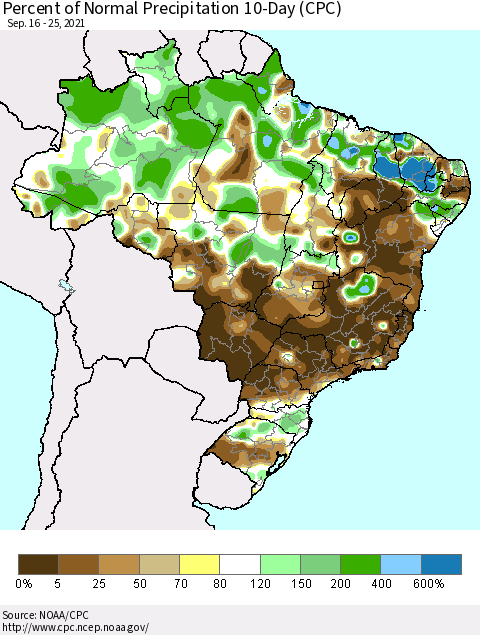 Brazil Percent of Normal Precipitation 10-Day (CPC) Thematic Map For 9/16/2021 - 9/25/2021