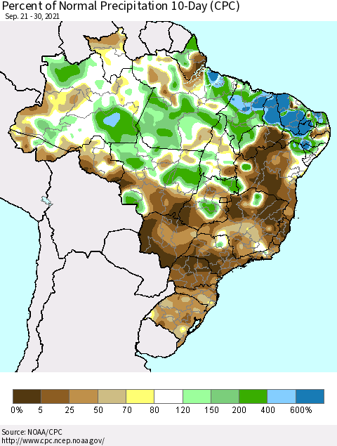 Brazil Percent of Normal Precipitation 10-Day (CPC) Thematic Map For 9/21/2021 - 9/30/2021