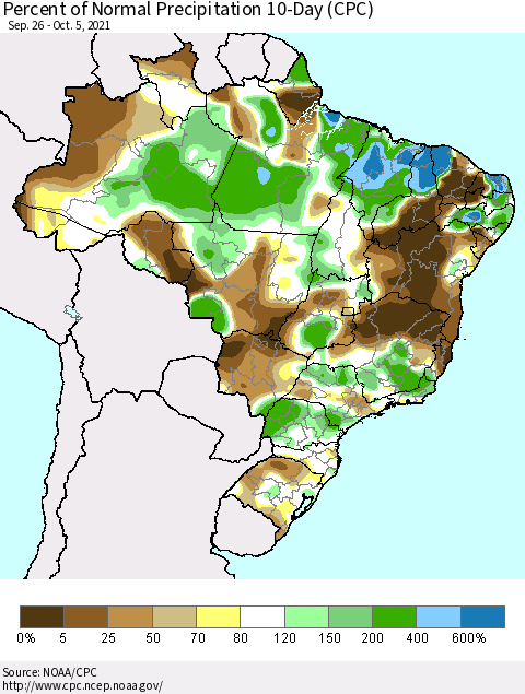 Brazil Percent of Normal Precipitation 10-Day (CPC) Thematic Map For 9/26/2021 - 10/5/2021