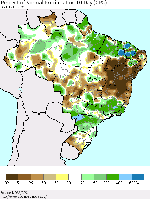 Brazil Percent of Normal Precipitation 10-Day (CPC) Thematic Map For 10/1/2021 - 10/10/2021