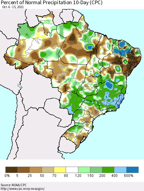 Brazil Percent of Normal Precipitation 10-Day (CPC) Thematic Map For 10/6/2021 - 10/15/2021