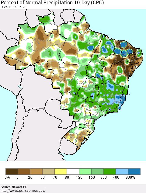Brazil Percent of Normal Precipitation 10-Day (CPC) Thematic Map For 10/11/2021 - 10/20/2021