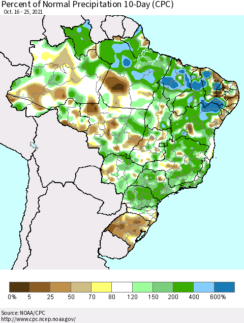 Brazil Percent of Normal Precipitation 10-Day (CPC) Thematic Map For 10/16/2021 - 10/25/2021