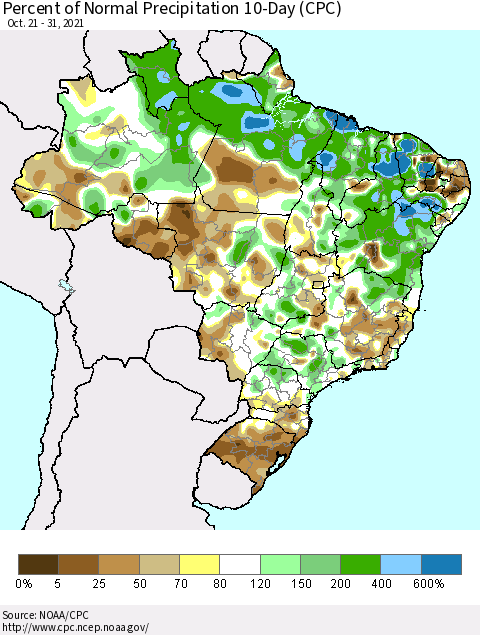 Brazil Percent of Normal Precipitation 10-Day (CPC) Thematic Map For 10/21/2021 - 10/31/2021