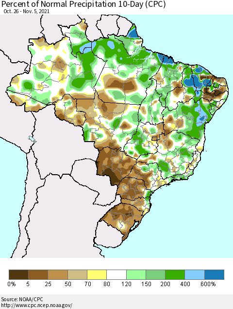 Brazil Percent of Normal Precipitation 10-Day (CPC) Thematic Map For 10/26/2021 - 11/5/2021