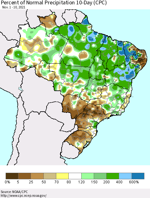 Brazil Percent of Normal Precipitation 10-Day (CPC) Thematic Map For 11/1/2021 - 11/10/2021