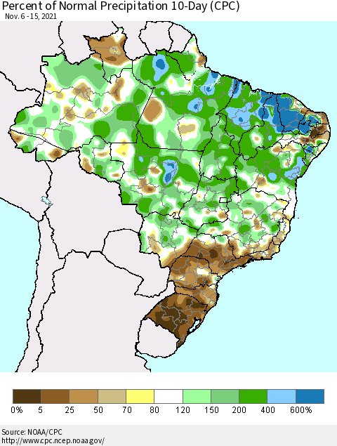 Brazil Percent of Normal Precipitation 10-Day (CPC) Thematic Map For 11/6/2021 - 11/15/2021