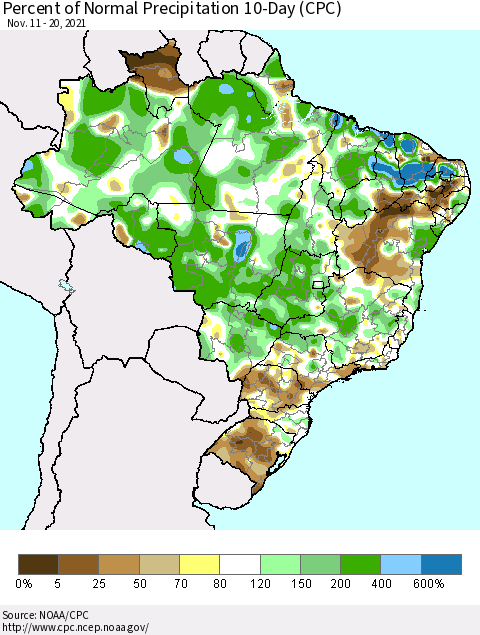 Brazil Percent of Normal Precipitation 10-Day (CPC) Thematic Map For 11/11/2021 - 11/20/2021