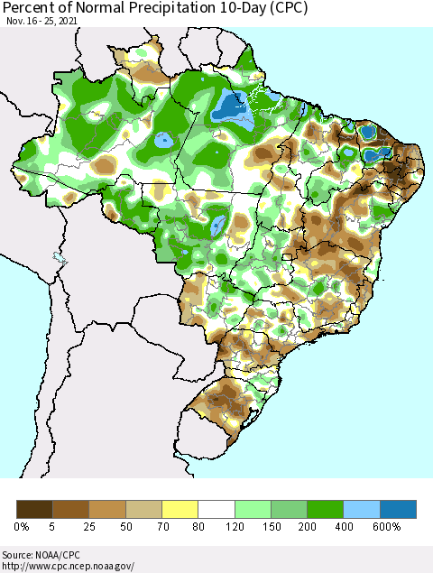 Brazil Percent of Normal Precipitation 10-Day (CPC) Thematic Map For 11/16/2021 - 11/25/2021