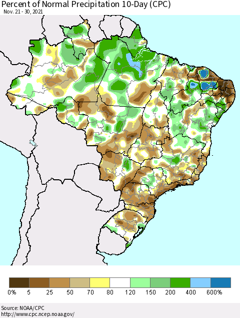 Brazil Percent of Normal Precipitation 10-Day (CPC) Thematic Map For 11/21/2021 - 11/30/2021