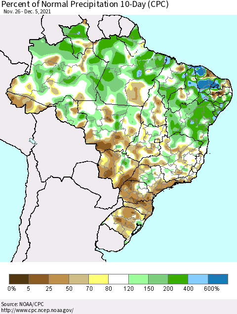 Brazil Percent of Normal Precipitation 10-Day (CPC) Thematic Map For 11/26/2021 - 12/5/2021