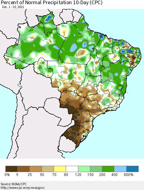 Brazil Percent of Normal Precipitation 10-Day (CPC) Thematic Map For 12/1/2021 - 12/10/2021