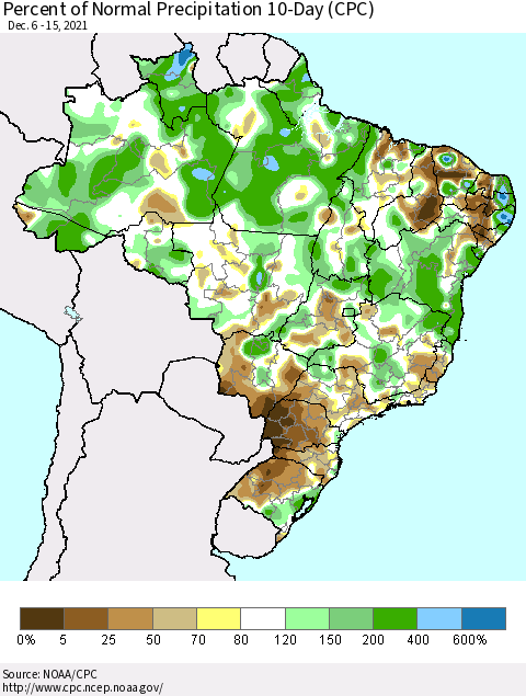 Brazil Percent of Normal Precipitation 10-Day (CPC) Thematic Map For 12/6/2021 - 12/15/2021