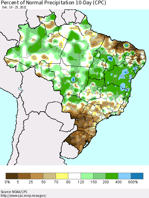 Brazil Percent of Normal Precipitation 10-Day (CPC) Thematic Map For 12/16/2021 - 12/25/2021