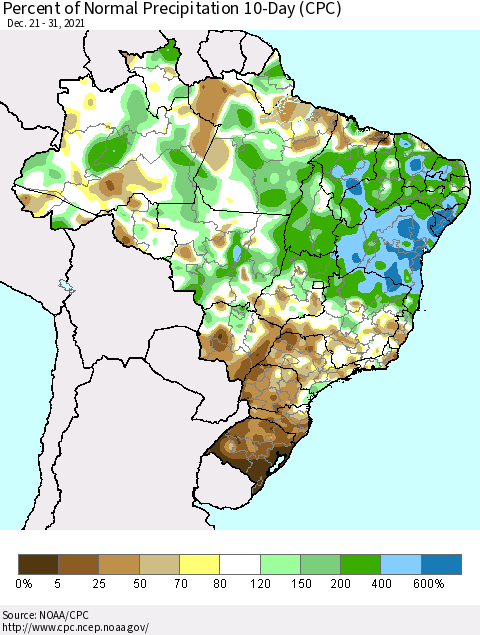 Brazil Percent of Normal Precipitation 10-Day (CPC) Thematic Map For 12/21/2021 - 12/31/2021