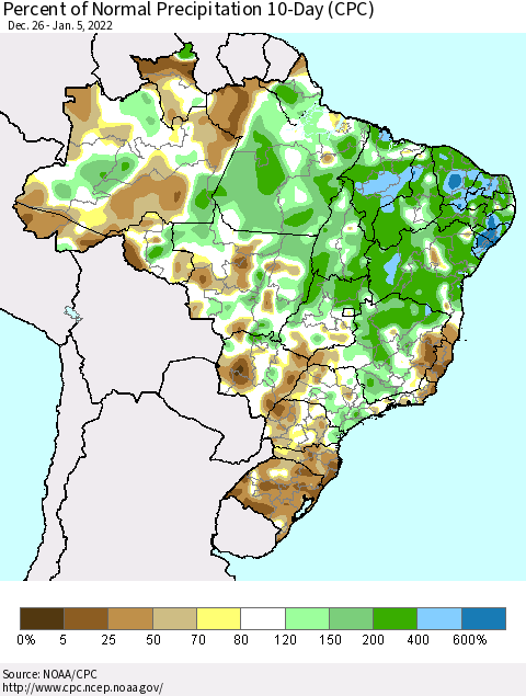 Brazil Percent of Normal Precipitation 10-Day (CPC) Thematic Map For 12/26/2021 - 1/5/2022