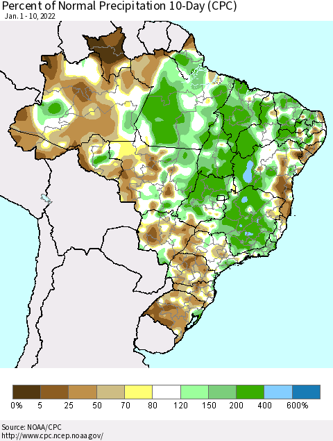 Brazil Percent of Normal Precipitation 10-Day (CPC) Thematic Map For 1/1/2022 - 1/10/2022