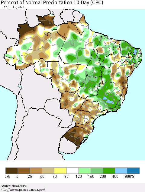 Brazil Percent of Normal Precipitation 10-Day (CPC) Thematic Map For 1/6/2022 - 1/15/2022