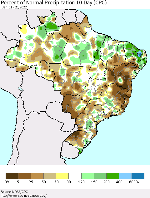 Brazil Percent of Normal Precipitation 10-Day (CPC) Thematic Map For 1/11/2022 - 1/20/2022
