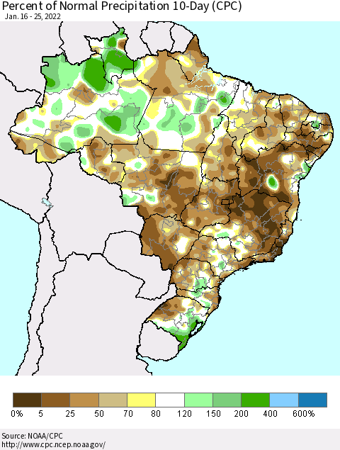 Brazil Percent of Normal Precipitation 10-Day (CPC) Thematic Map For 1/16/2022 - 1/25/2022