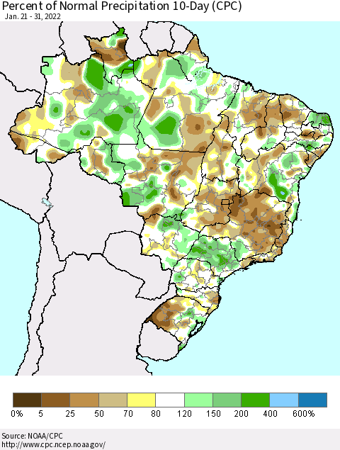 Brazil Percent of Normal Precipitation 10-Day (CPC) Thematic Map For 1/21/2022 - 1/31/2022