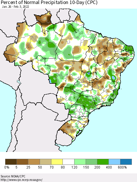 Brazil Percent of Normal Precipitation 10-Day (CPC) Thematic Map For 1/26/2022 - 2/5/2022