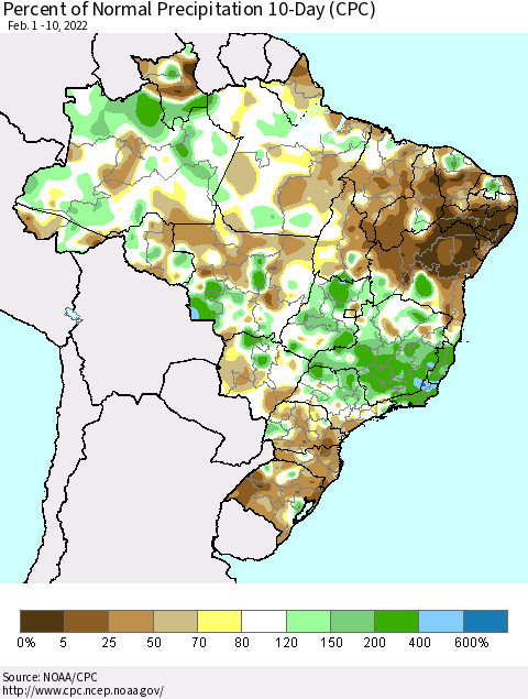 Brazil Percent of Normal Precipitation 10-Day (CPC) Thematic Map For 2/1/2022 - 2/10/2022
