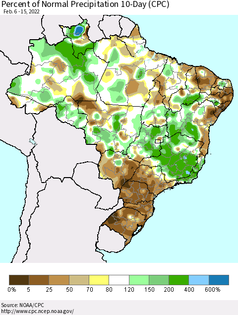 Brazil Percent of Normal Precipitation 10-Day (CPC) Thematic Map For 2/6/2022 - 2/15/2022