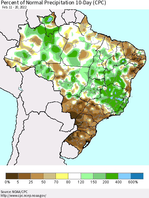 Brazil Percent of Normal Precipitation 10-Day (CPC) Thematic Map For 2/11/2022 - 2/20/2022