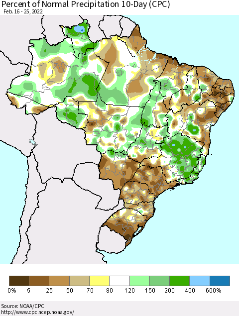 Brazil Percent of Normal Precipitation 10-Day (CPC) Thematic Map For 2/16/2022 - 2/25/2022