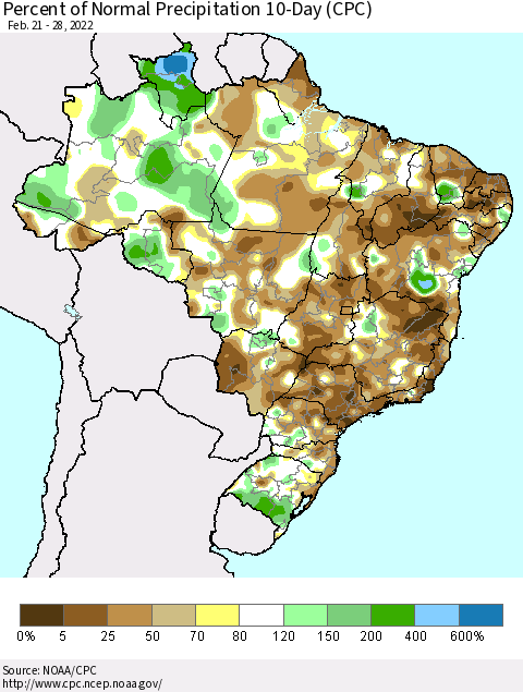 Brazil Percent of Normal Precipitation 10-Day (CPC) Thematic Map For 2/21/2022 - 2/28/2022