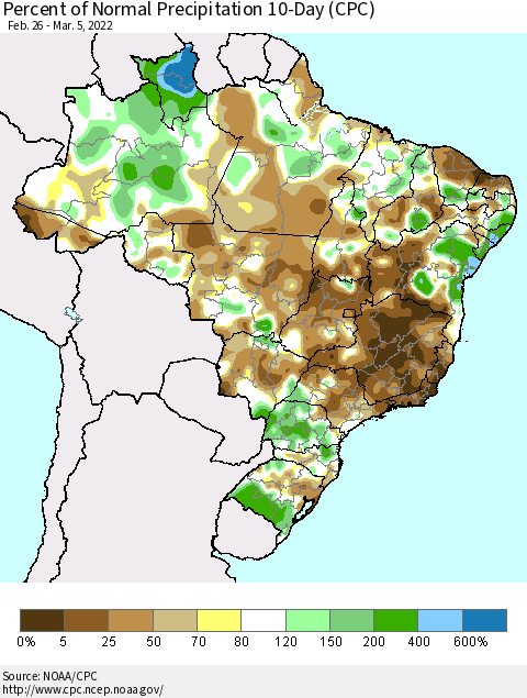 Brazil Percent of Normal Precipitation 10-Day (CPC) Thematic Map For 2/26/2022 - 3/5/2022