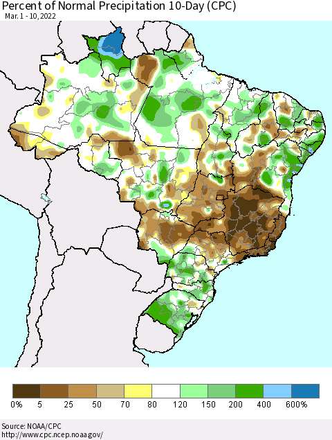 Brazil Percent of Normal Precipitation 10-Day (CPC) Thematic Map For 3/1/2022 - 3/10/2022