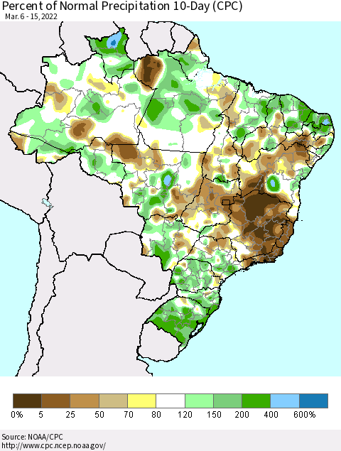 Brazil Percent of Normal Precipitation 10-Day (CPC) Thematic Map For 3/6/2022 - 3/15/2022