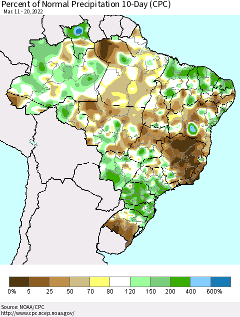 Brazil Percent of Normal Precipitation 10-Day (CPC) Thematic Map For 3/11/2022 - 3/20/2022