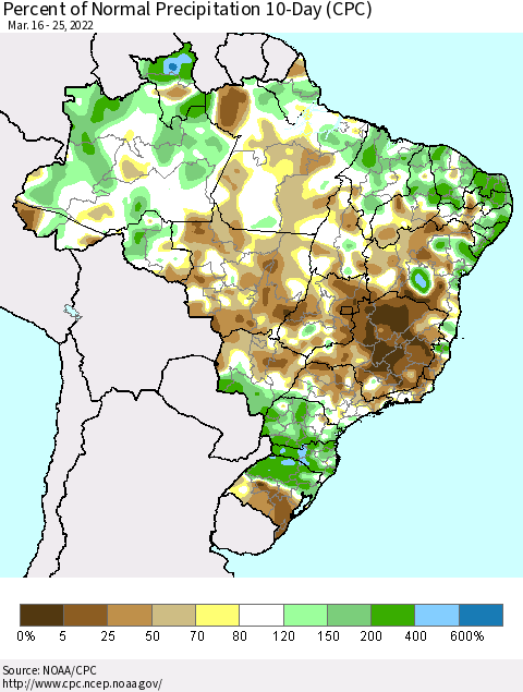 Brazil Percent of Normal Precipitation 10-Day (CPC) Thematic Map For 3/16/2022 - 3/25/2022