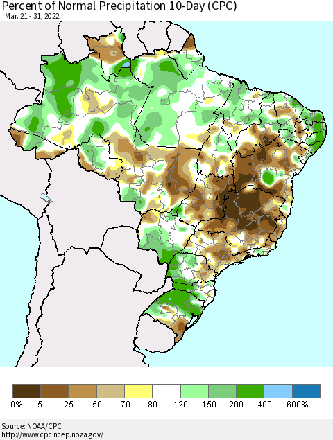 Brazil Percent of Normal Precipitation 10-Day (CPC) Thematic Map For 3/21/2022 - 3/31/2022