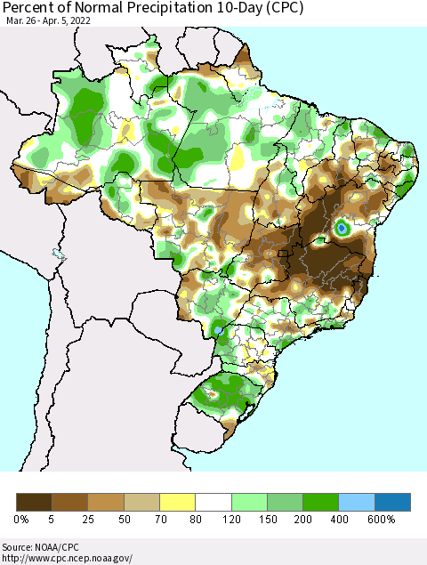 Brazil Percent of Normal Precipitation 10-Day (CPC) Thematic Map For 3/26/2022 - 4/5/2022